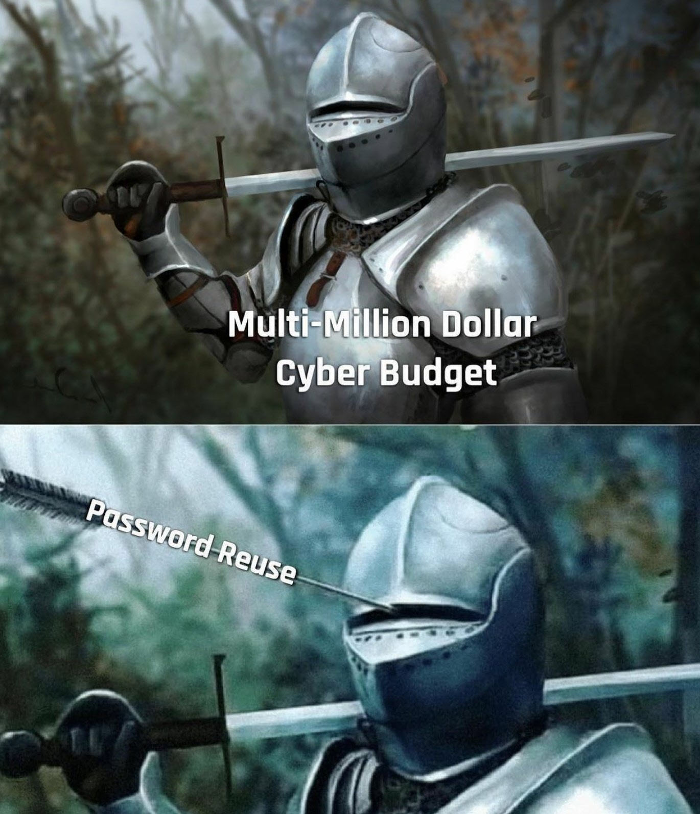 Two pictures of a knight. The first is labeled "Multi-Million Dollar Cyber Budget." The second is the knight’s helmet. An arrow labeled "Password Reuse" is entering the helmet’s eye slit.