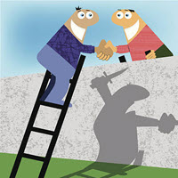 A cartoon with 2 people shaking hands over a wall. A shadow on the wall looks like the one of the people is going to stab the other in the back.