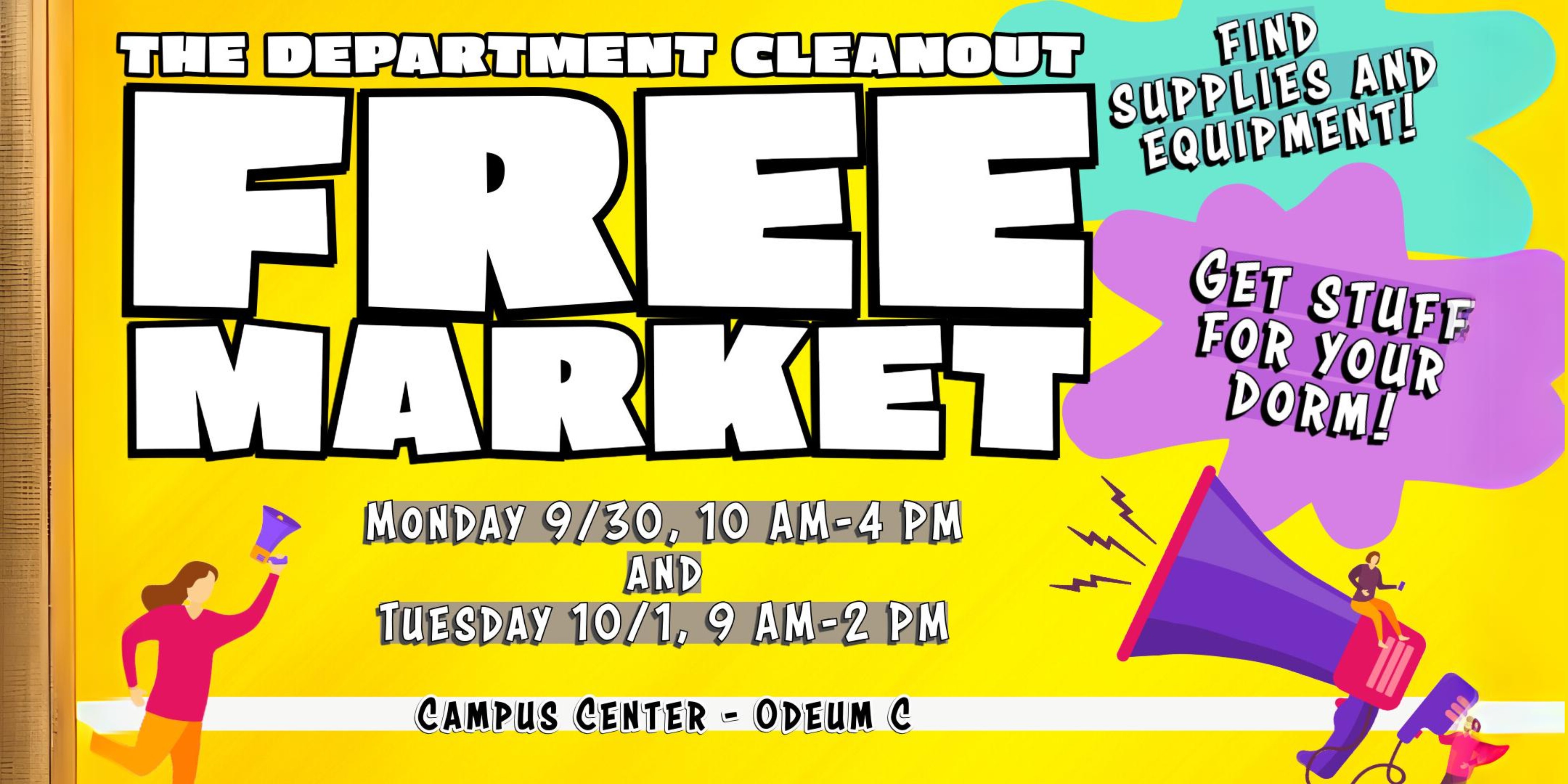 Colorful flyer advertising details to an open market of free office merchandise