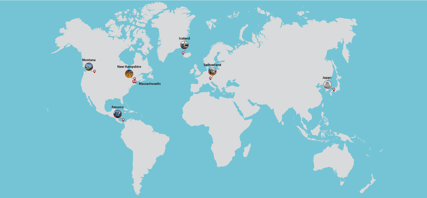 graphic map showing red pins where active project centers are located