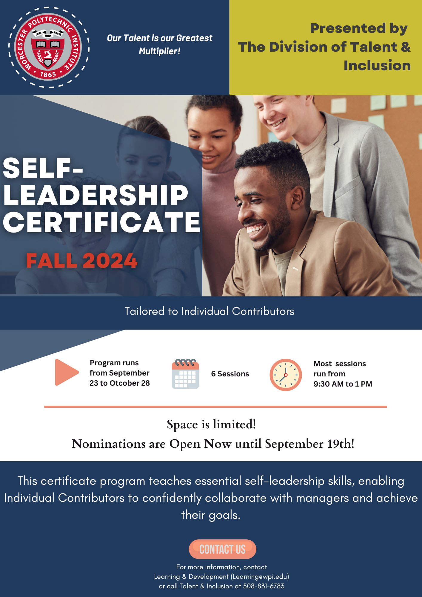 Colorful flyer showing details of a self leadership training program