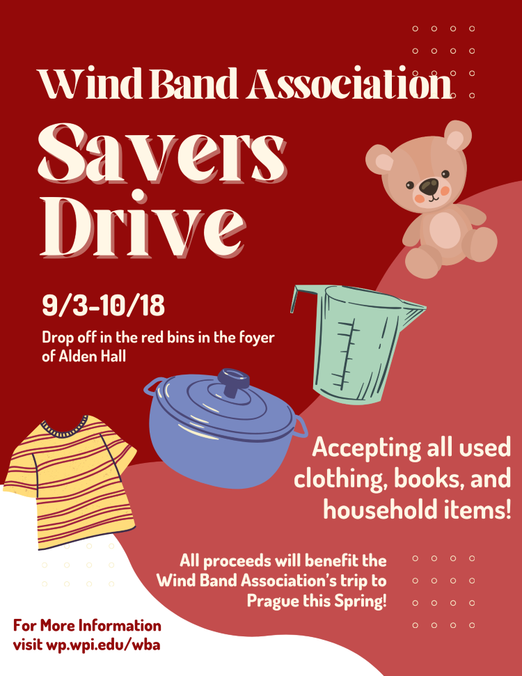 a red background flyer with a bear and drawings of clothing items