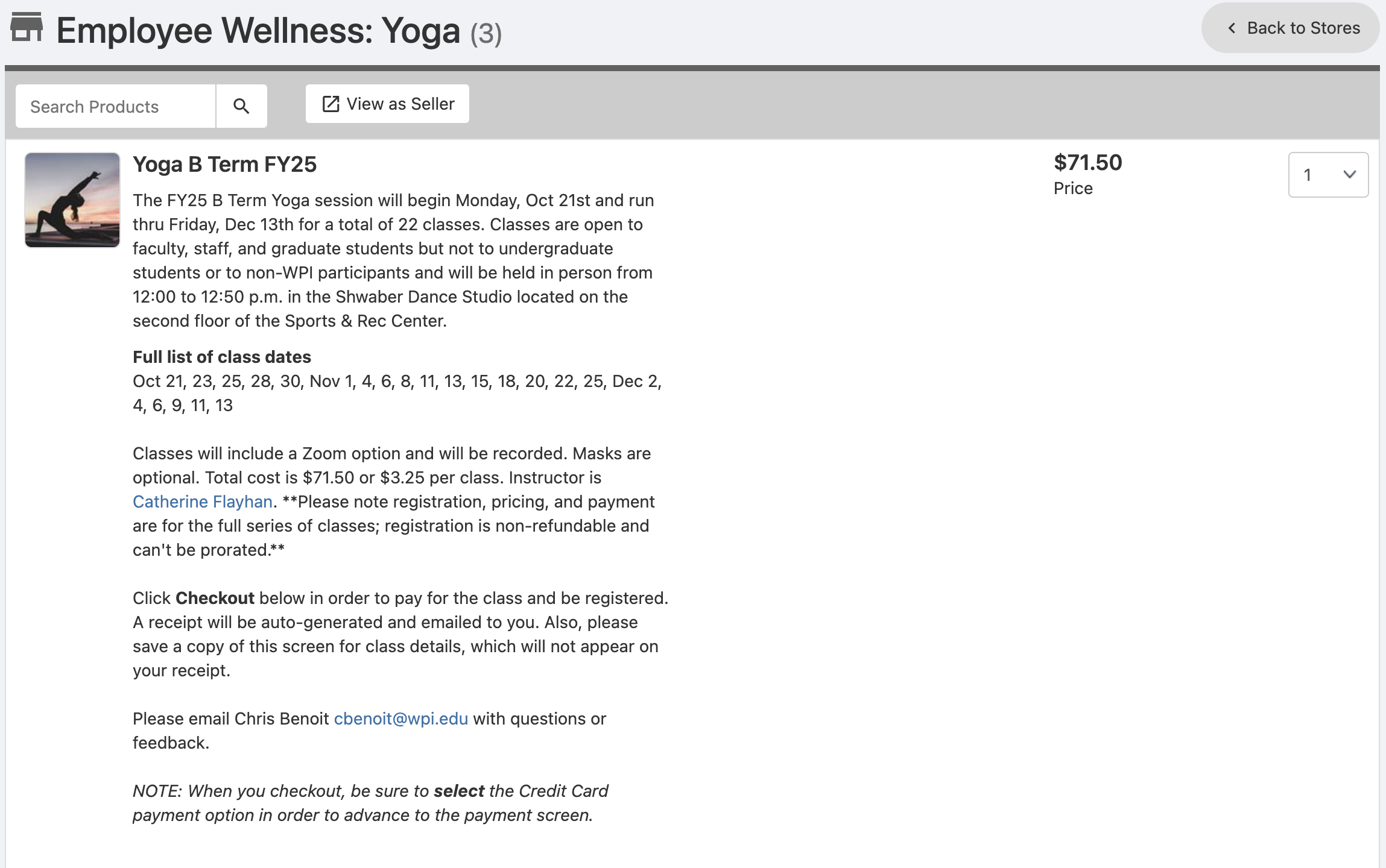 A screenshot of the store page for the FY25 B Term yoga class on the "MyWPI" website