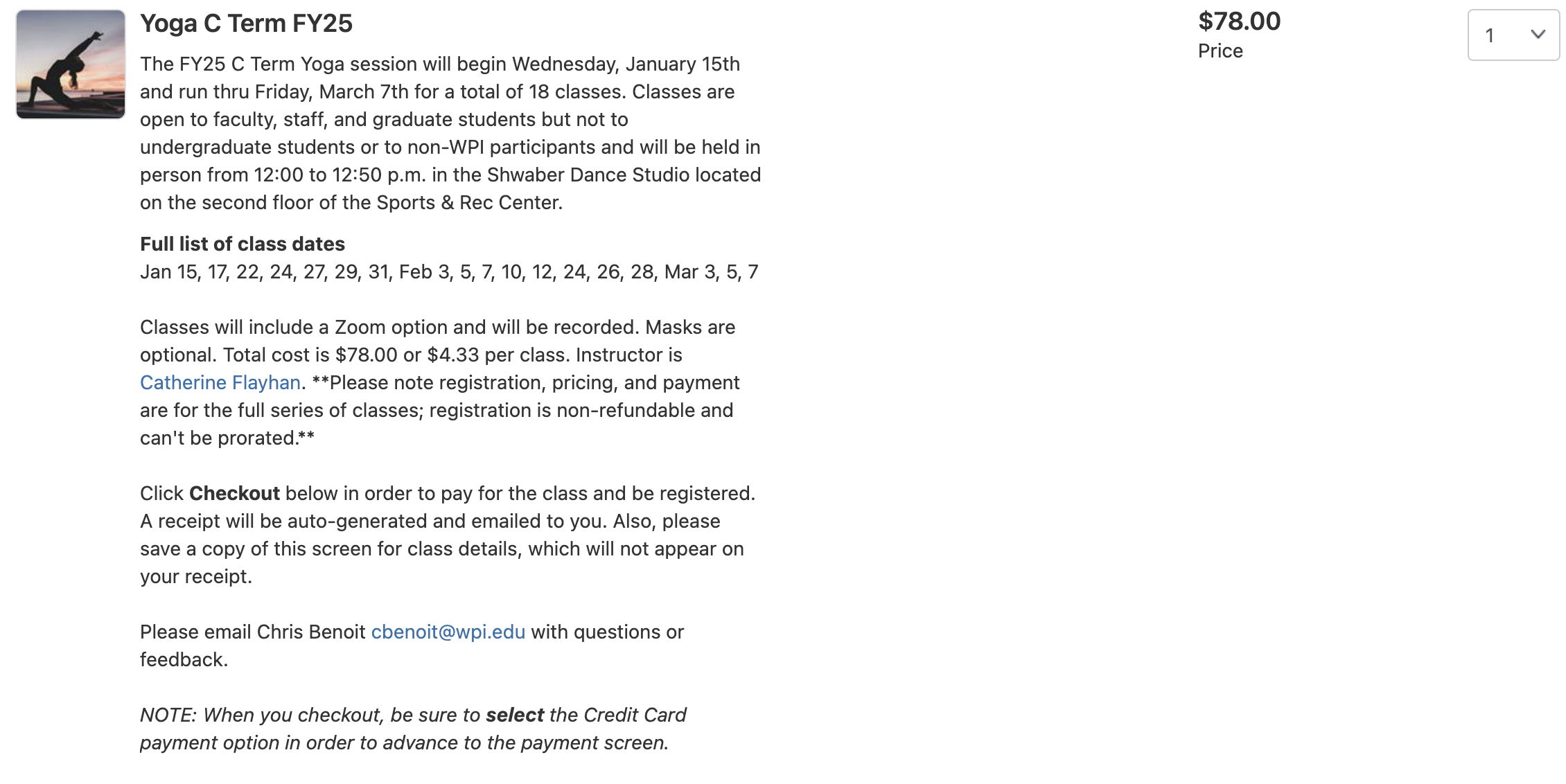 A screenshot of the store page for the FY25 C Term yoga class on the "MyWPI" website