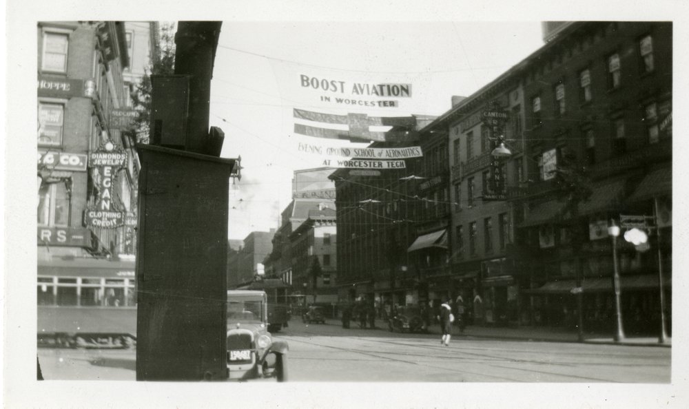 Street view of 1920s Worcester Tech street banner