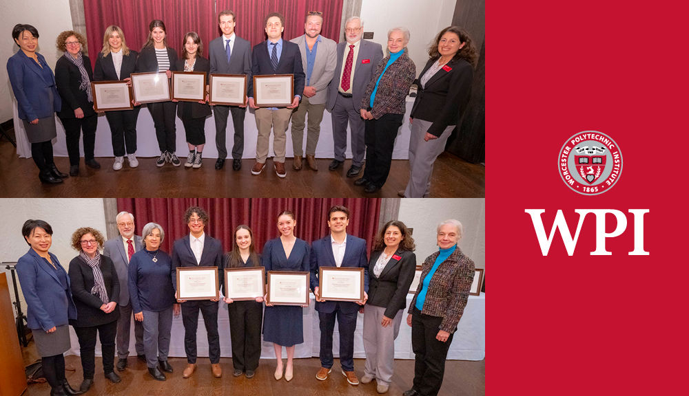Two photos, one above the other, of winners of the President’s IQP Awards posing with their awards and WPI leaders and awards judges. Photos are next to a graphic of a WPI logo over red background