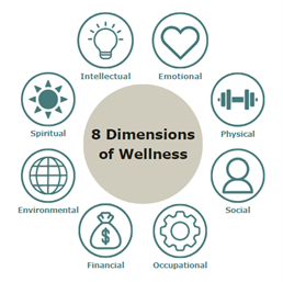 a graphic with the eight dimensions of wellness: emotional, physical, social, occupational, financial, environmental, spiritual, intellectual
