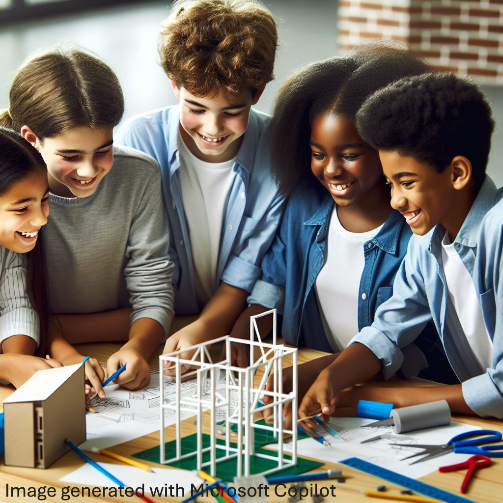 Group of 4 diverse students working together to build something