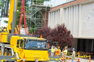 Traffic has been rerouted around the work crew at the front of Gordon Library.