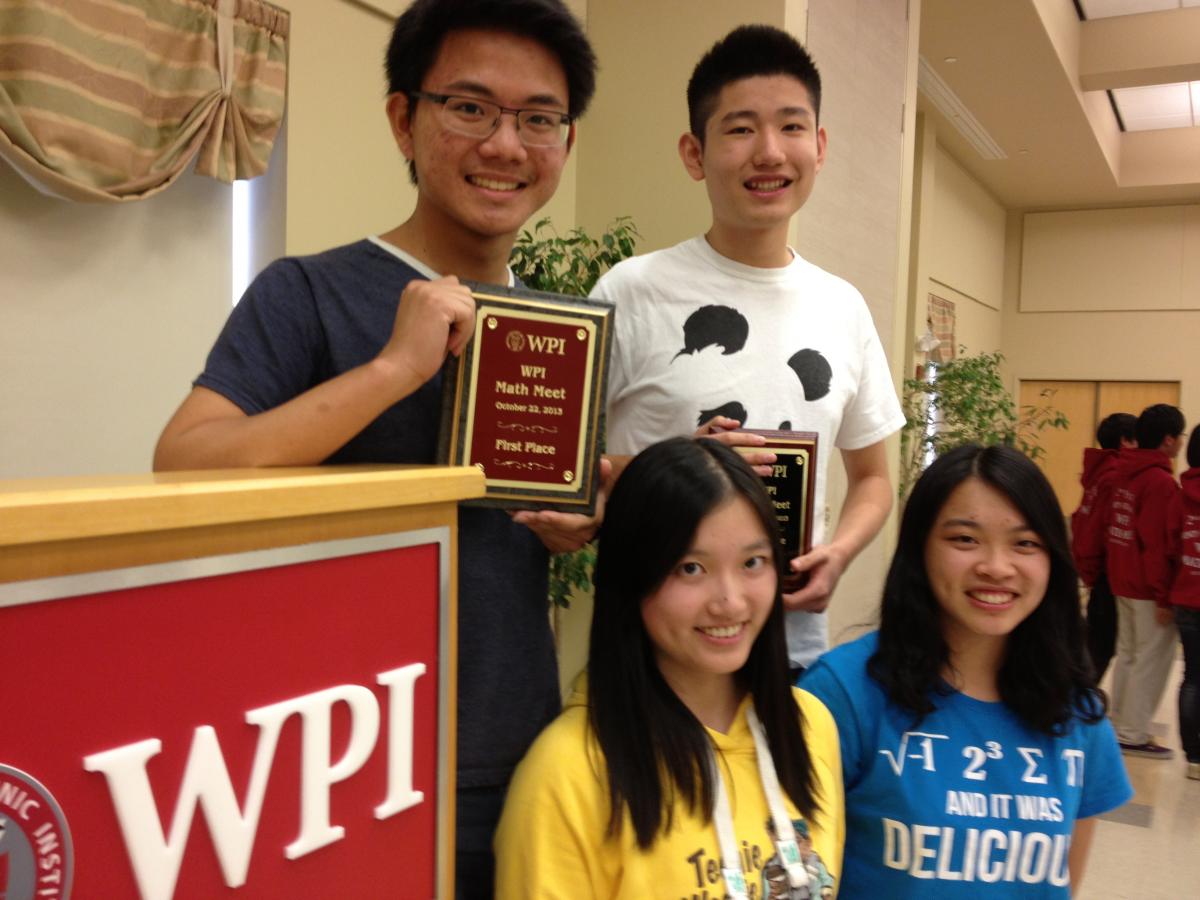 The Hotchkiss School of Lakeville, Conn., took first place in the 26th Annual Math Meet at WPI on Tuesday, Oct. 22. Pictured are (back row, from left) Onza Janyaprasert and Tony Zhang; and front row (from left) Emma Yuwei Xu, and Wendy Yu Xuan Hong.