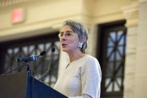 Joyce Kressler speaks to the gathering in Union Station.