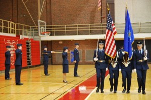 A color guard marches past 340th Air Force ROTC Cadet Wing leadership during the ceremony in Harrington.