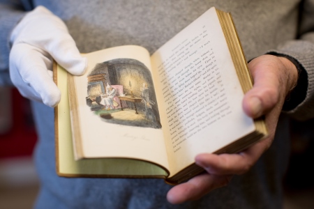 A close-up of a first edition of Dickens’s A Christmas Carol, one of the treasurers in the Ryan collection.