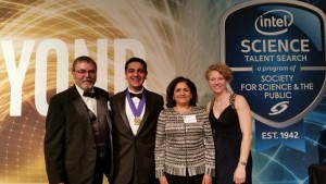 From left, Mass Academy director Mike Barney, Amol Punjabi, his mother, Dr. Sangeetha Punjabi, and Mass Academy computer science teacher Angela Taricco.
