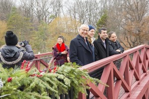 Prof. Tahar El-Korchi, left, with MQP student Alexandra Jaeger; Prof. Nima Rahbar and MQP student Nicole Martucci on the newly-dedicated bridge.