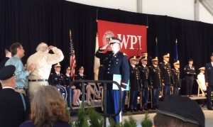 Newly commissioned Army 2nd Lt. Alexander Klose shares his first salute with his grandfather, former Army PFC George P. Klose, 85.