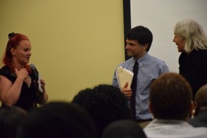 Clemente graduate Denette Allen (left) with Clemente academic director and WPI associate professor Jim Cocola and Clemente community coordinator Elizabeth Bacon.