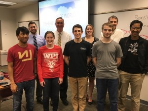 Front row (L-R): Students Nilesh Patel (WPI), Maryann O’Connell (WPI), Darrien Glasser (UMass Lowell), Caleb Stepanian (WPI), Binam Kayastha (WPI) Rear: Adam Luskin (Curriculum Associates), Andrew O’Brien (Special Representative for Global Partnerships, U.S. Dept. of State), Patricia Stapleton (SSPS, WPI), Craig Wills (CS, WPI).