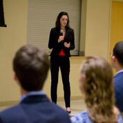 Alyssa Bornstein gives part of the winning team’s presentation prior to the judges’ vote.