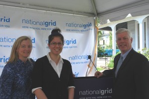 WPI student Mai Tomida, center, with National Grid president Marcy Reed and Massachusetts Secretary of Energy Richard Sullivan at an event to celebrate the utility company’s Sustainability Hub, where Tomida and other students will educate the public on National Grid’s smart grid pilot project.