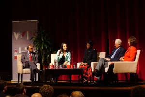 The panelists, from left, Subra Suresh, Mariko Silver, Wanda Austin, Craig Barrett, and moderator President Laurie Leshin.
