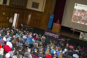 A packed Alden Hall heard WPI President Laurie Leshin describe the Mars Curiosity Rover’s mission.