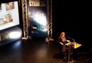 Suzanne Sontgerath addresses an audience in Northern Ireland on WPI efforts to build relationships, K–12 outreach and workforce development.