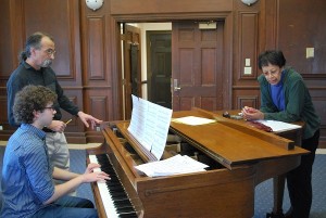 Andrew Strout, at piano, rehearses with Professor Rich Falco and jazz singer Lydia Fortune.