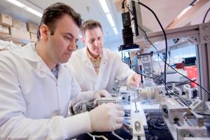 Kristen Billiar, right, with Mehmet Kural, who recently completed his PhD in biomedical engineering working in Billiar’s lab.