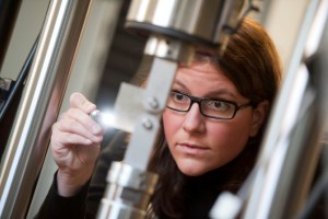 Diana Lados in WPI’s materials testing laboratory.