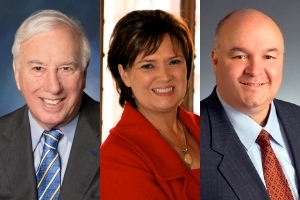 Left to right, Gordon Prize panelists C. D. Mote, Jr., Lynn Pasquerella, and Mark Russell