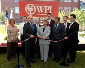 Cutting the ribbon to officially open the new WPI Life Sciences and Bioengineering Center (LSBC) at Gateway Park.